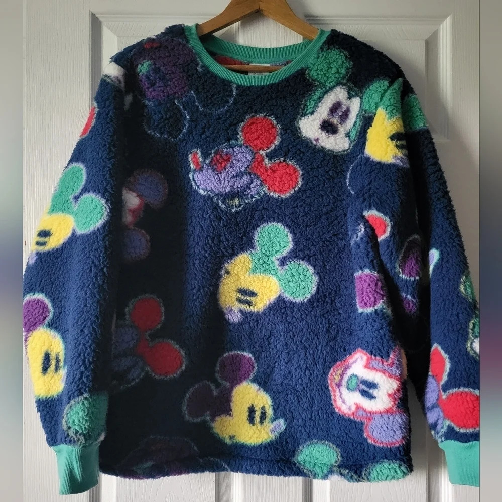 Disney Parks Mickey Mouse Blue Green Deep Pile‎ Fleece Pullover Soft Warm